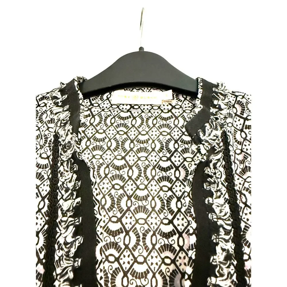 Tory Burch Geometric Fringe Trim Cotton Tunic Blouse Size 6